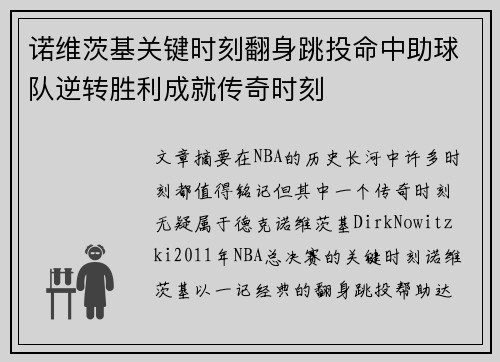 诺维茨基关键时刻翻身跳投命中助球队逆转胜利成就传奇时刻