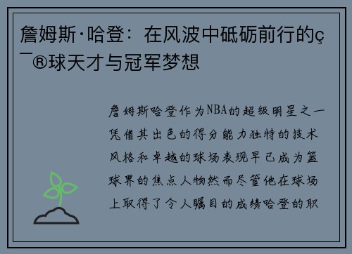 詹姆斯·哈登：在风波中砥砺前行的篮球天才与冠军梦想